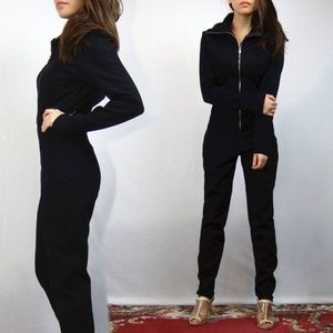 1990s Black Jumpsuit Collared Catsuit Bodysuit Zipper Bodycon Wetsuit - S